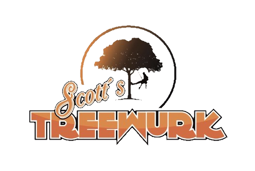 Logo for "Scott's Treewurk" featuring an orange and black color scheme. A silhouette of a tree with leaves inside a circular design is above the text. The word "Treewurk" appears in bold, stylized lettering.