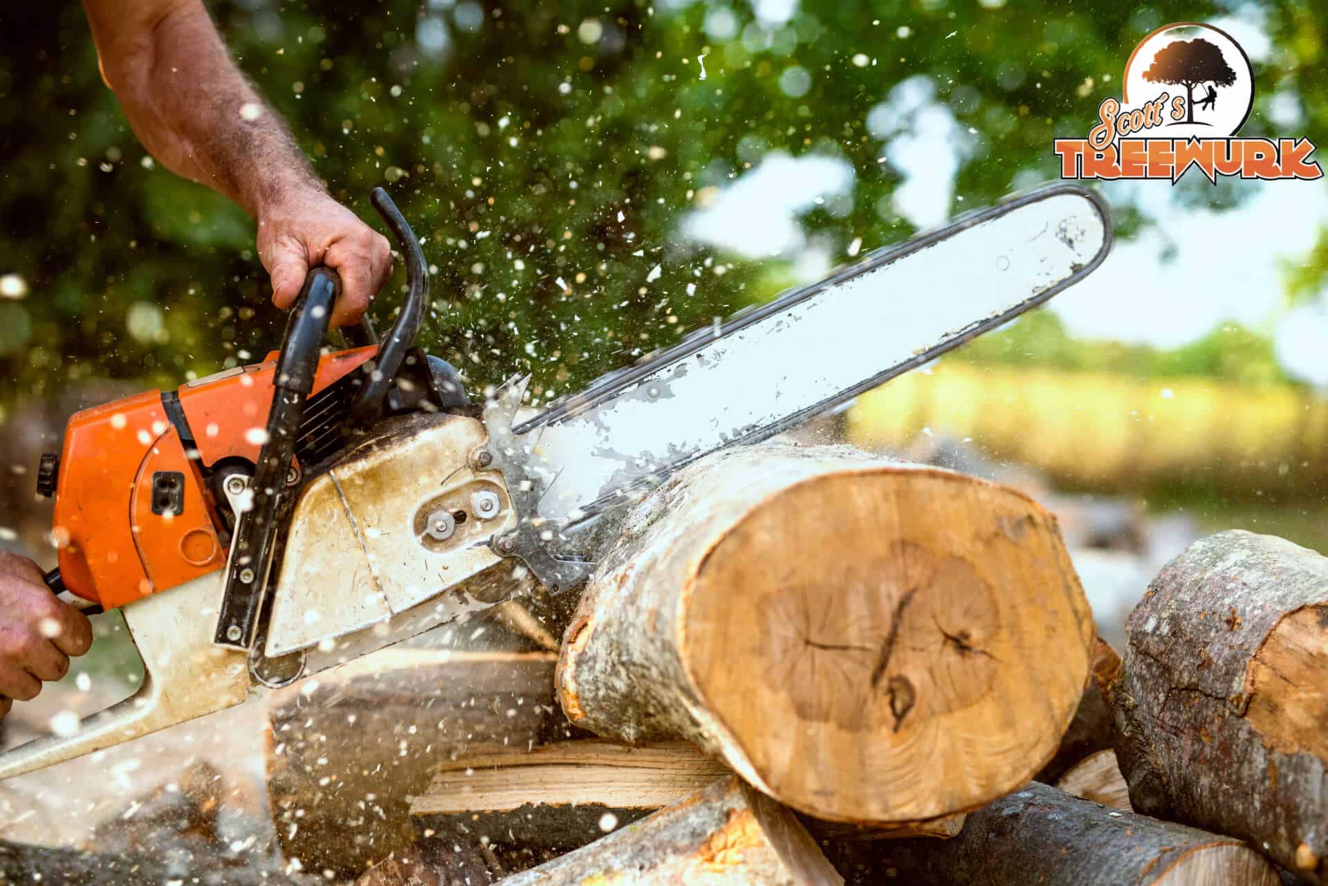 Man using a chainsaw to cut tree logs into smaller pieces.