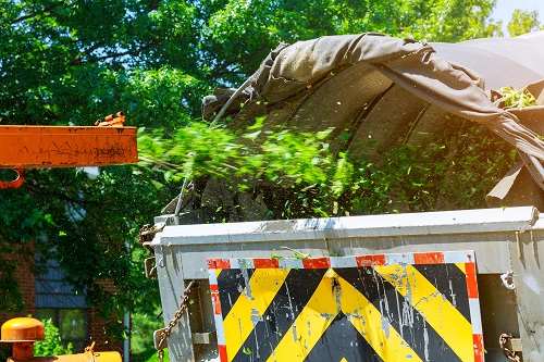 A wood chipper ejecting green leaves and branches into the back of a truck marked with a safety warning sign. This tree service operation is taking place outdoors amidst a backdrop of trees and vibrant greenery, ensuring efficient land clearing.